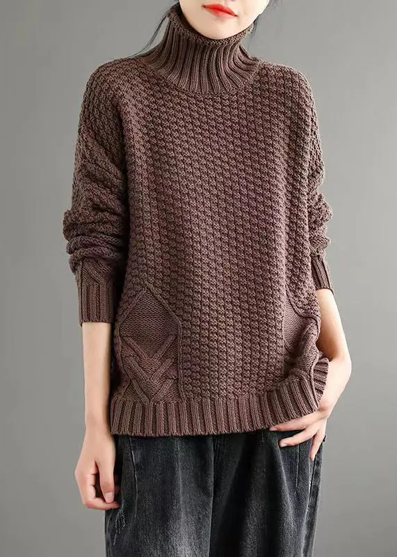Loose Apricot Turtleneck Patchwork Knitted Cotton Sweaters Fall ML1739