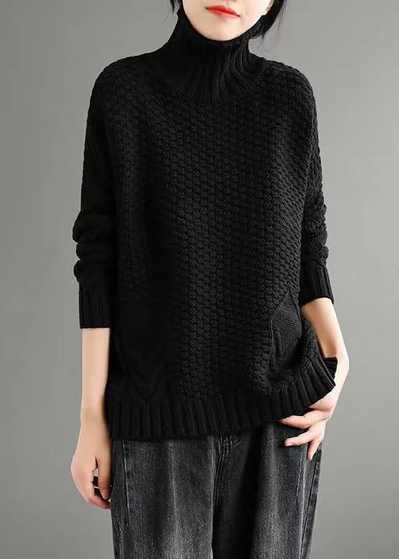 Loose Apricot Turtleneck Patchwork Knitted Cotton Sweaters Fall ML1739
