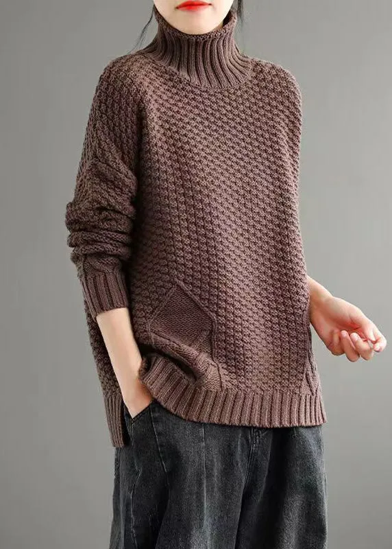 Loose Apricot Turtleneck Patchwork Knitted Cotton Sweaters Fall ML1739