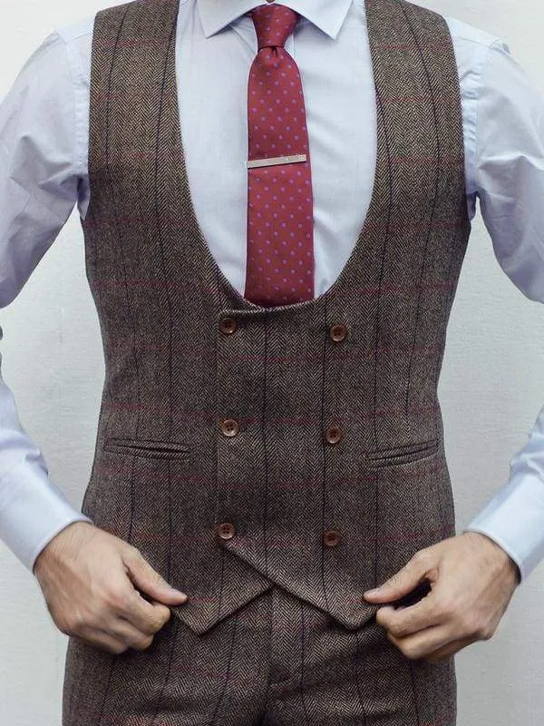 Marco Prince Ronan Men's 3 Piece Brown Slim Fit Check Tweed Suit