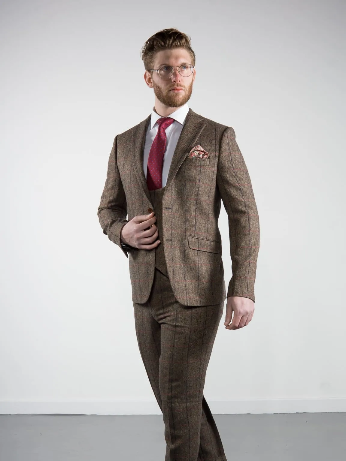 Marco Prince Ronan Men's 3 Piece Brown Slim Fit Check Tweed Suit