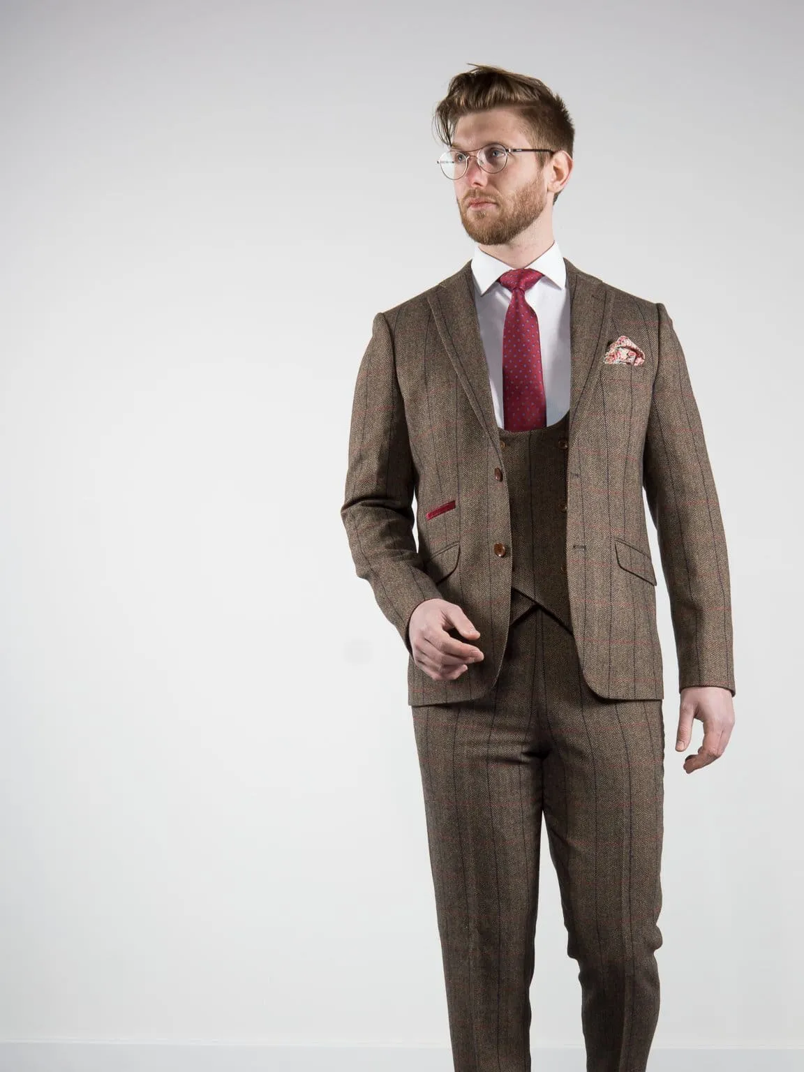 Marco Prince Ronan Men's 3 Piece Brown Slim Fit Check Tweed Suit