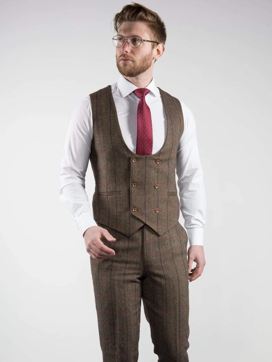 Marco Prince Ronan Men's 3 Piece Brown Slim Fit Check Tweed Suit