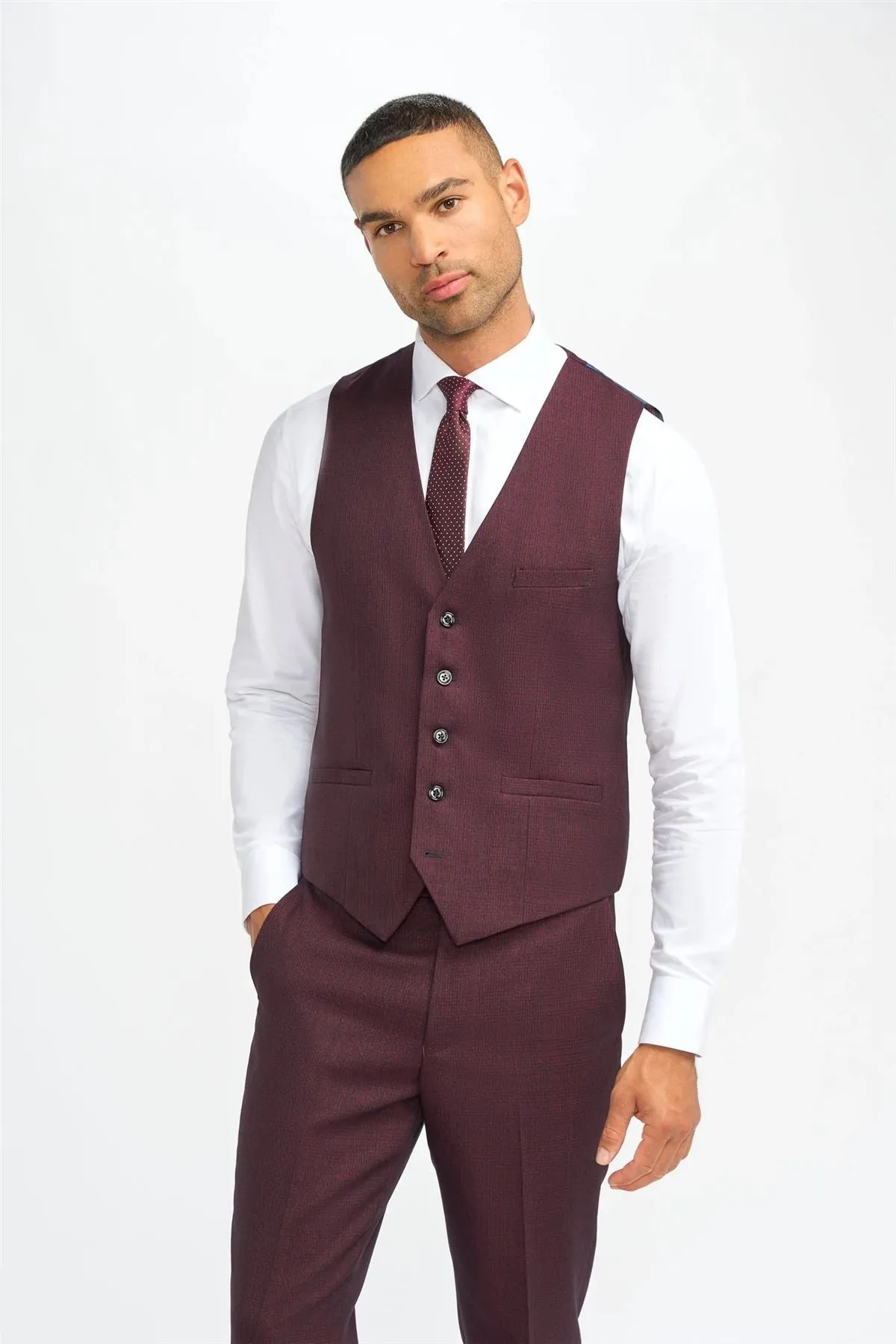 Men's Suit Burgundy 3 Piece Checked Tailored Fit Formal Dress