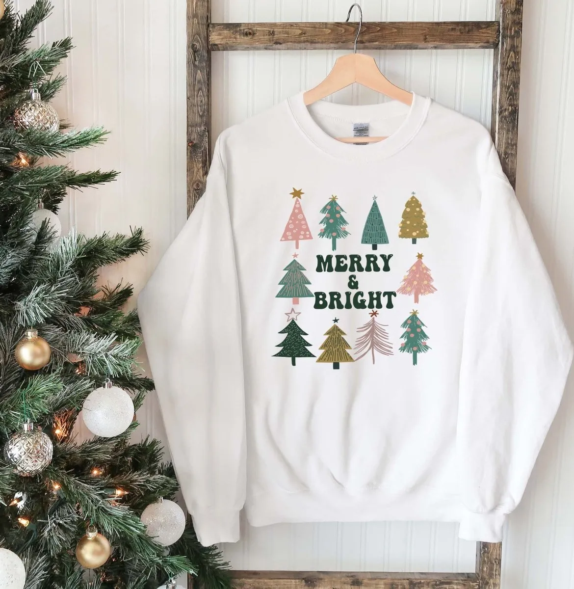 Merry and Bright Tree Collage Wholesale Crewneck Sweatshirt