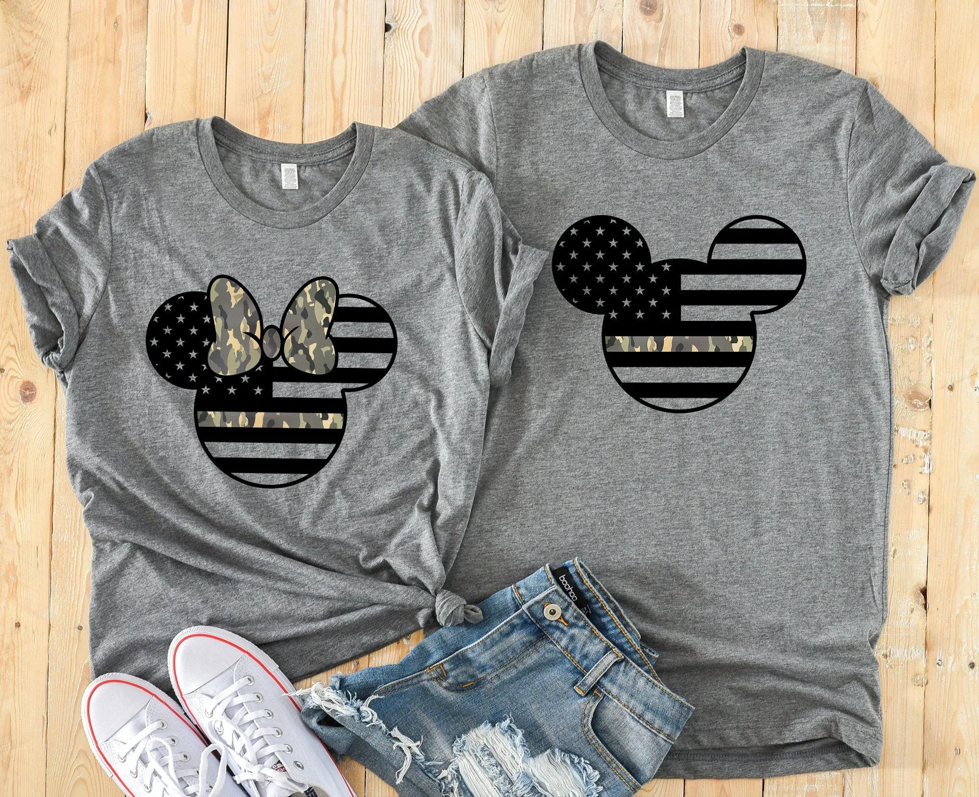 Minnie and Mickey Army Camouflaged Adult Shirts - Disney Couples - Military Matching Shirts - Armed Forces Stars and Stripes