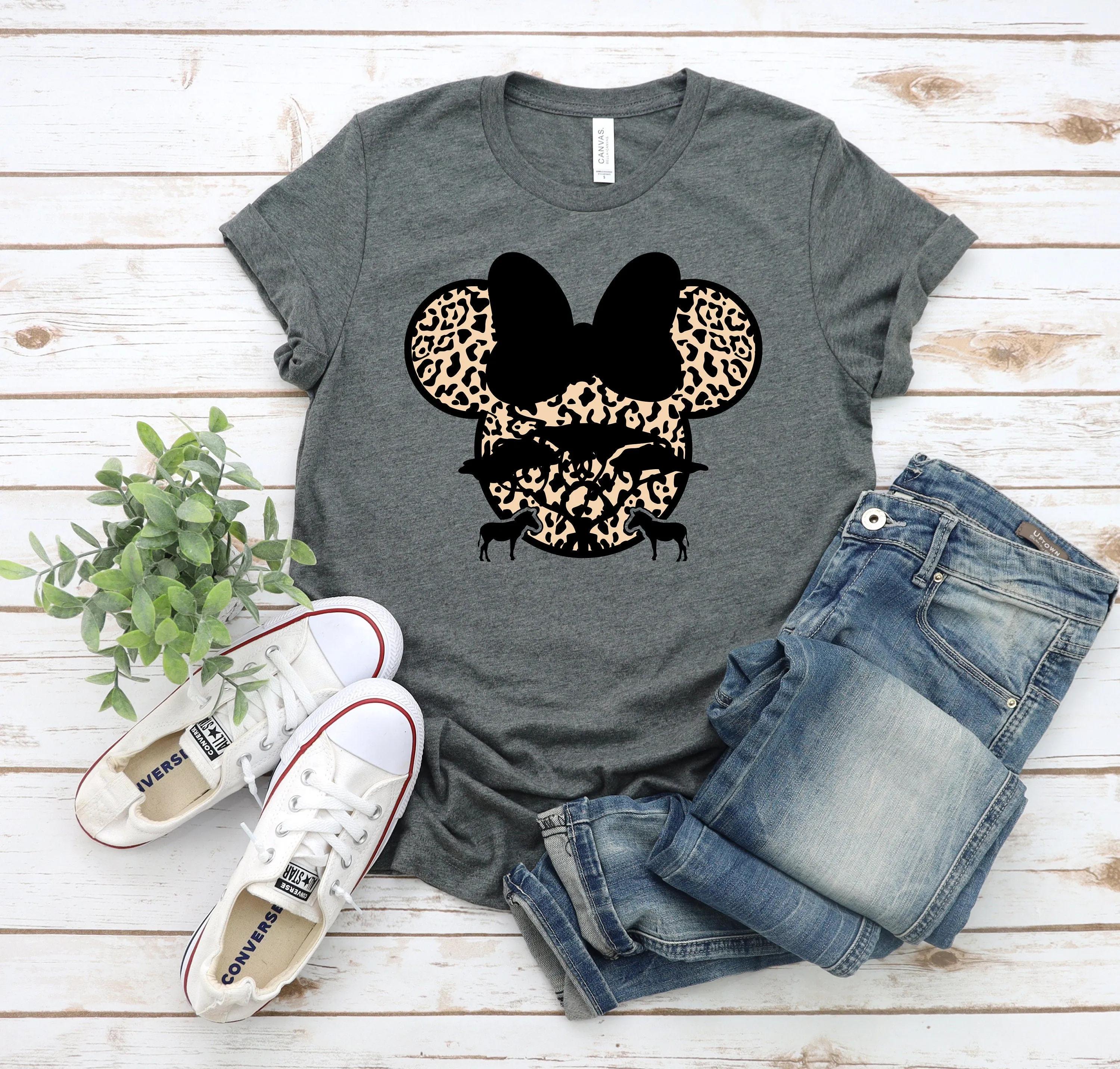 Minnie Mouse Safari Adult Unisex T Shirt - Disney Trip Matching Shirts - Camouflaged Minnie - Cheetah - Leopard Print