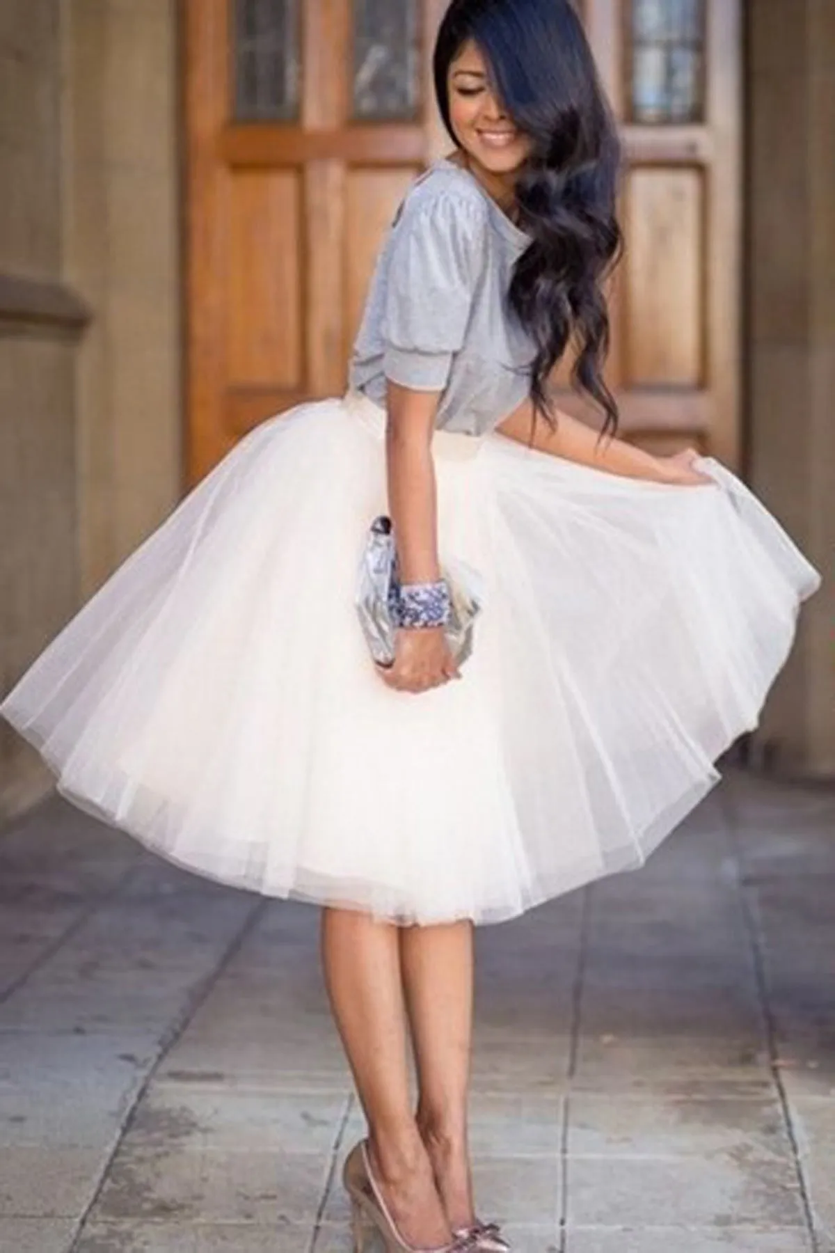 Multi-layer Mesh Pure Color Loose Knee-length Beach Skirt