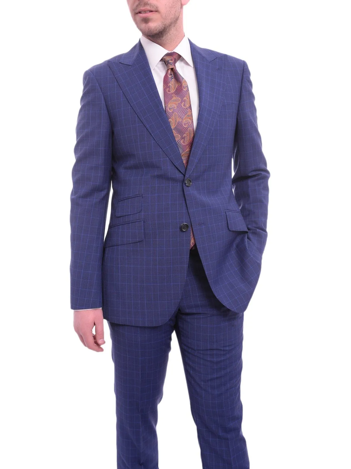 Napoli Slim Fit Blue Glen Plaid Half Canvassed Wool Suit Wide Peak Lapels