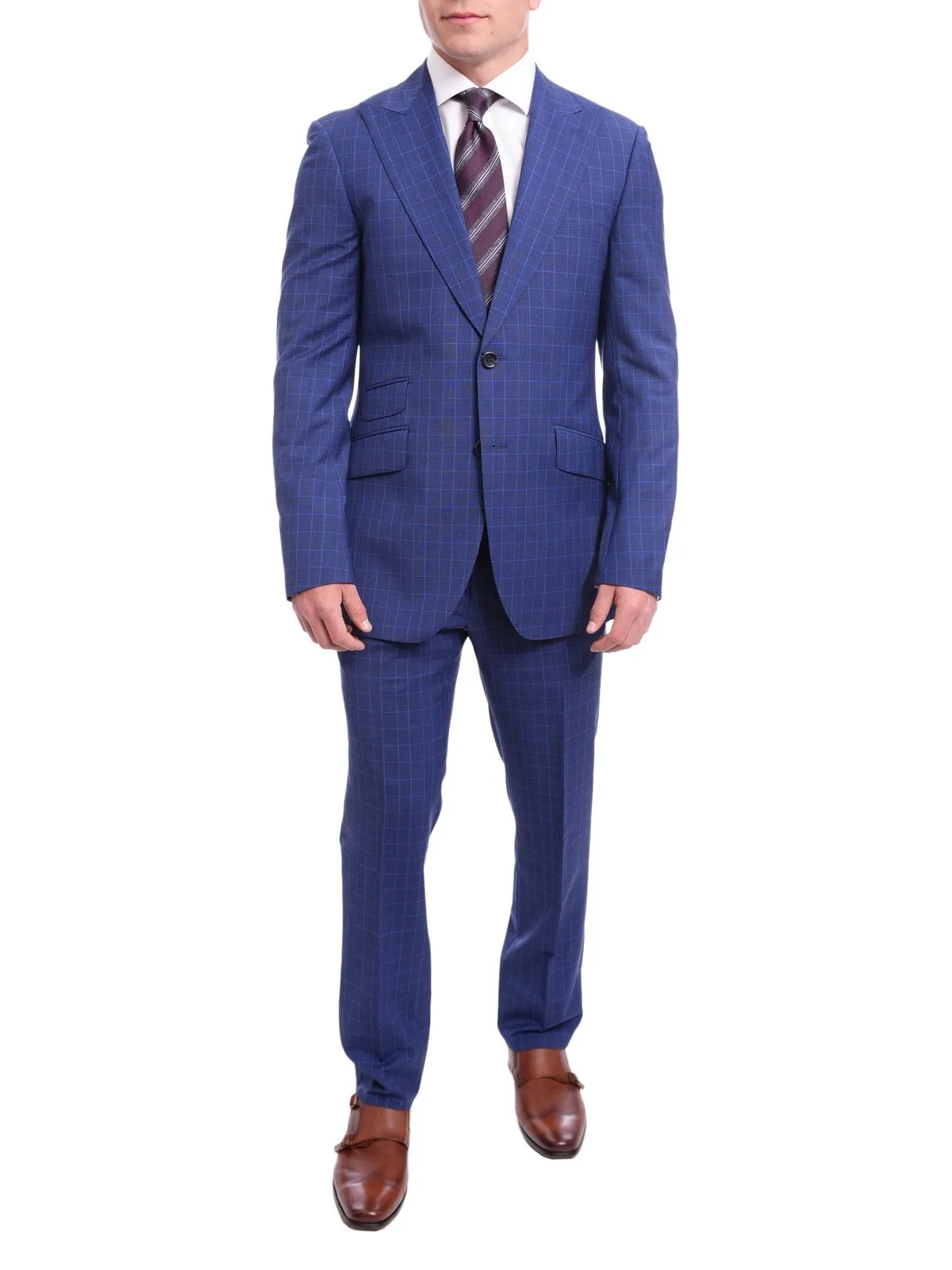 Napoli Slim Fit Blue Glen Plaid Half Canvassed Wool Suit Wide Peak Lapels
