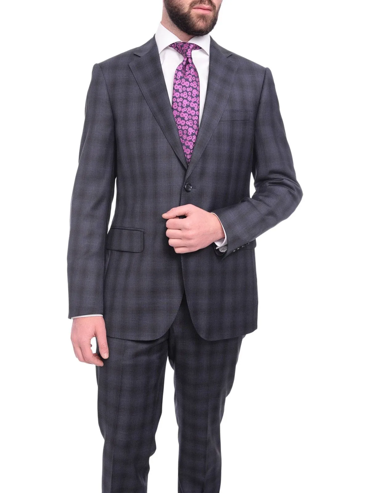 Napoli Slim Fit Navy Blue Glen Plaid Two Button Half Canvassed Reda Wool Suit