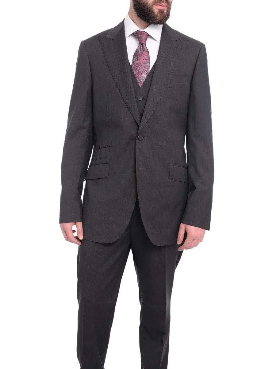 Napoli Slim Fit Navy Blue Pinstripe Two Button Wool Suit With Wide Peak Lapels