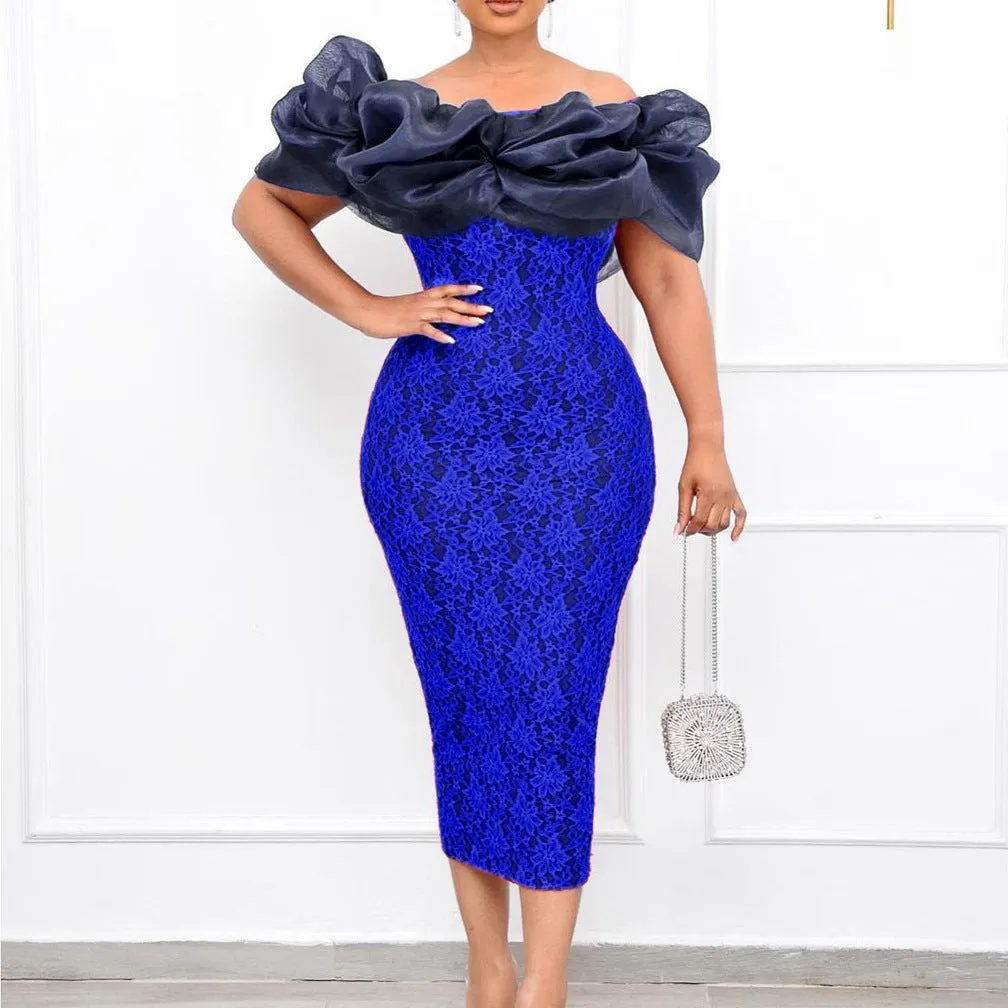 New Arrival Lace and Mesh Patchwork One-Shoulder Maxi Dress