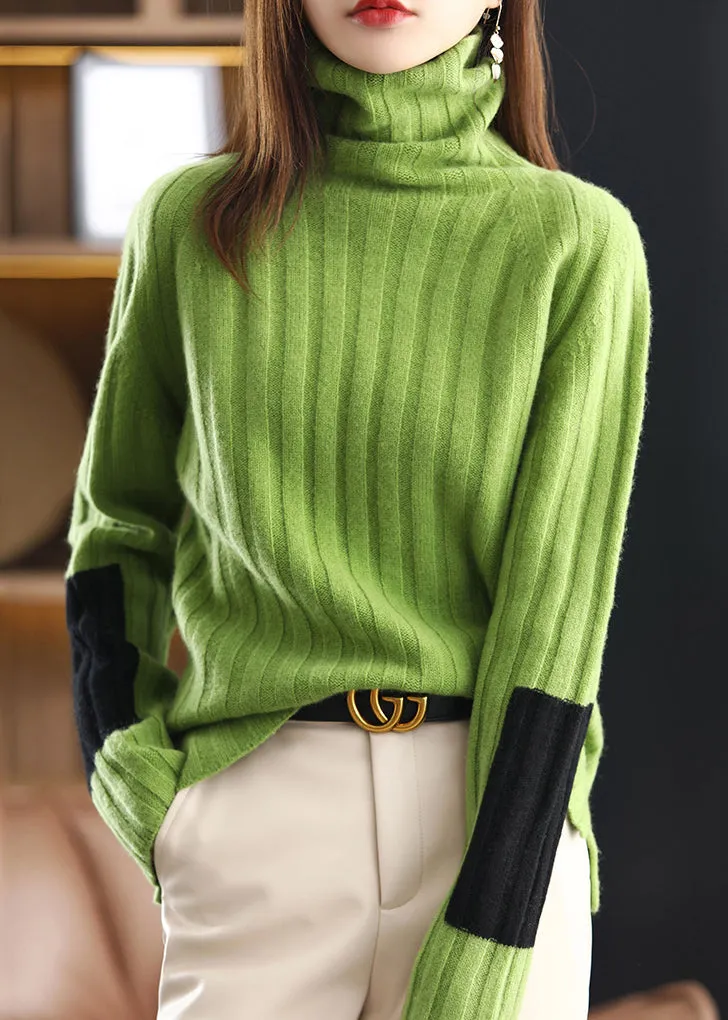 New Green Turtleneck Patchwork Woolen Sweaters Spring TF044