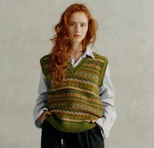 New Harley Of Scotland All Over Fair Isle Tank Top In Olive Grove