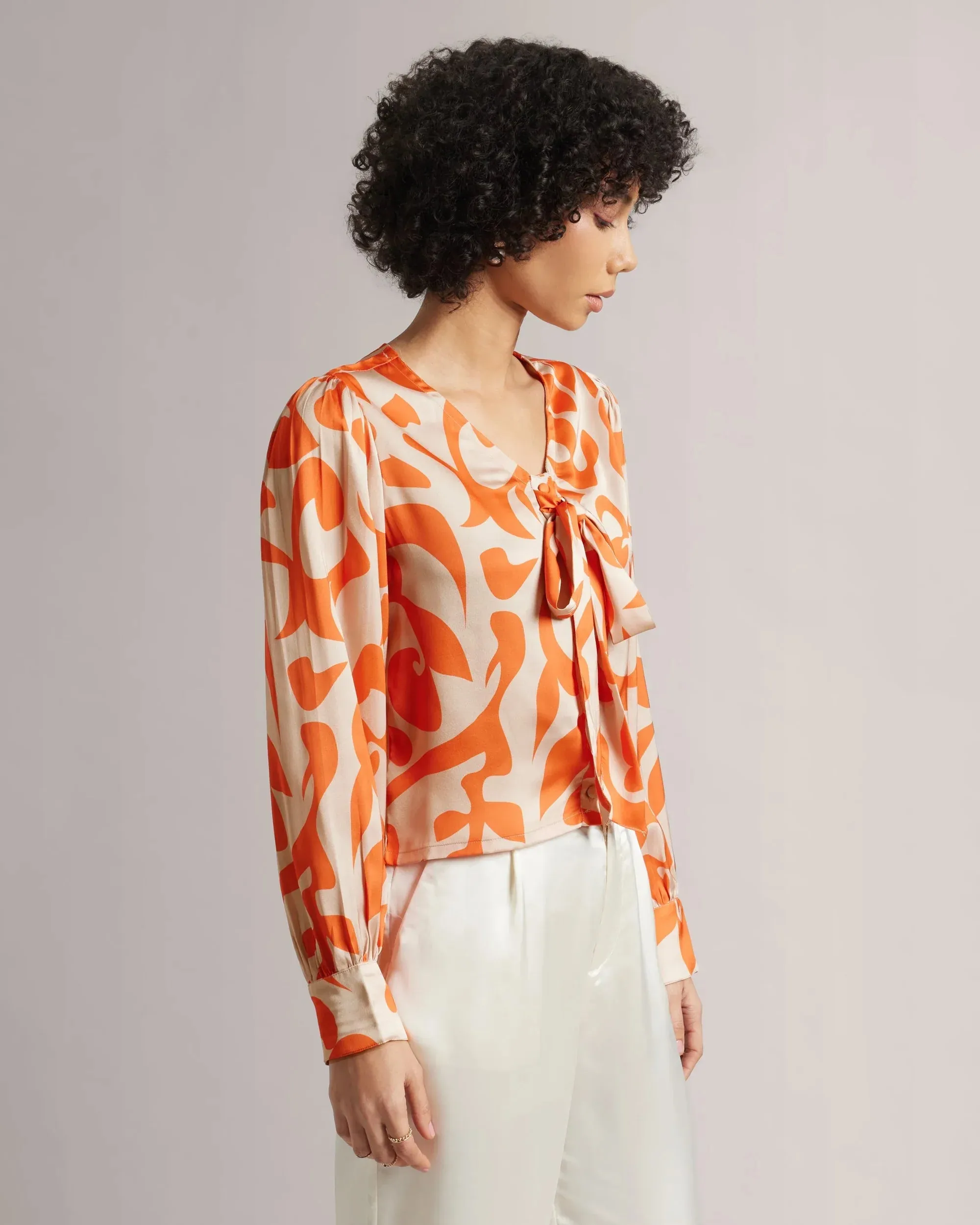 Orange Satin Front Bow Tie-Up Crop Shirt Only