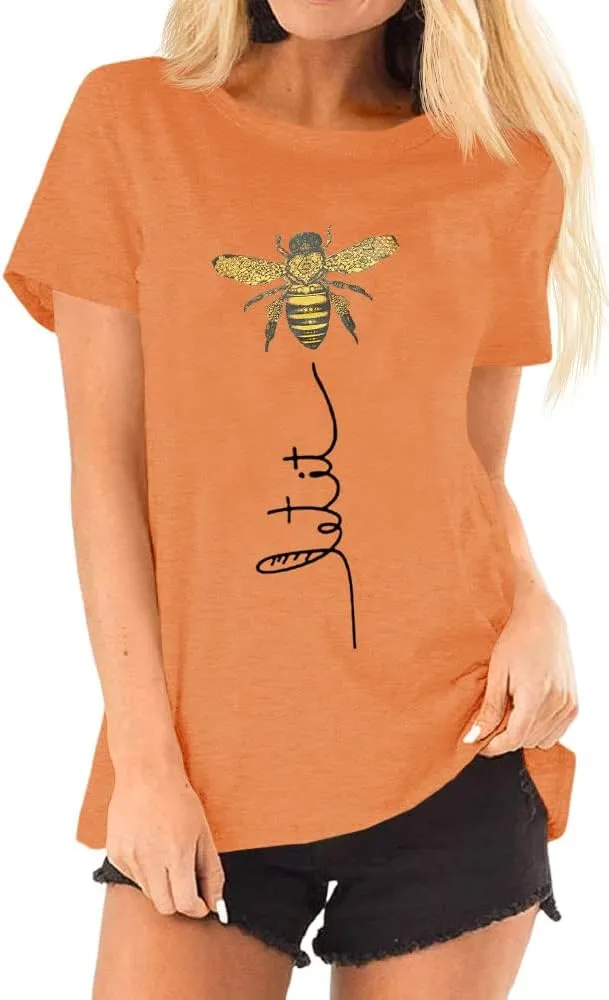Pfvkeree Womens Cute Bee Graphic Tee Shirts Short Sleeve Let It Bee Funny Letter Print Summer T-Shirt Tops