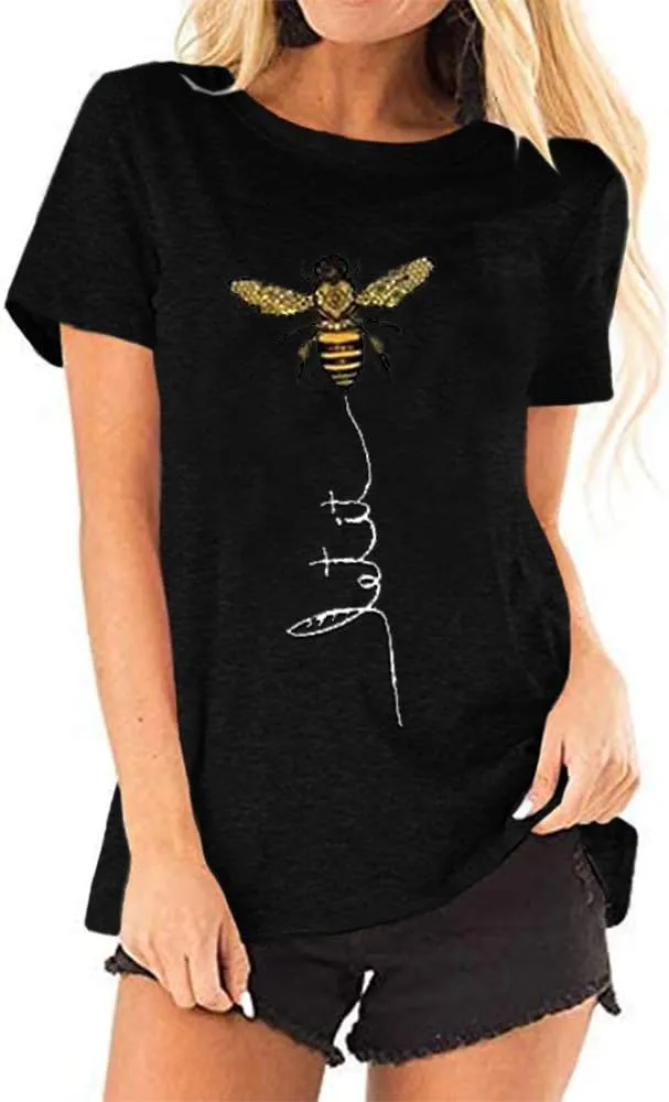 Pfvkeree Womens Cute Bee Graphic Tee Shirts Short Sleeve Let It Bee Funny Letter Print Summer T-Shirt Tops