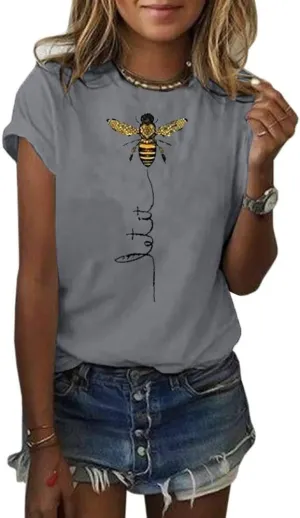 Pfvkeree Womens Cute Bee Graphic Tee Shirts Short Sleeve Let It Bee Funny Letter Print Summer T-Shirt Tops