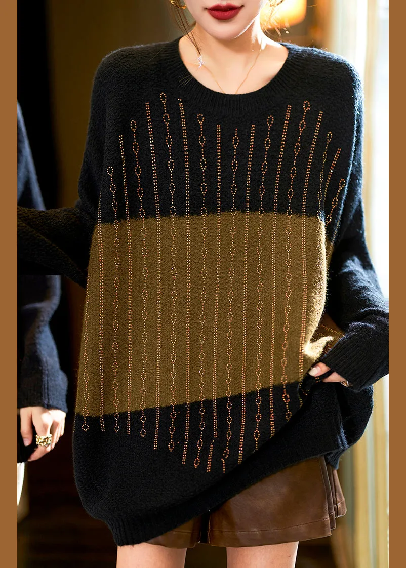 Plus Size Green Zircon Patchwork Cotton Knit Sweaters Long Sleeve