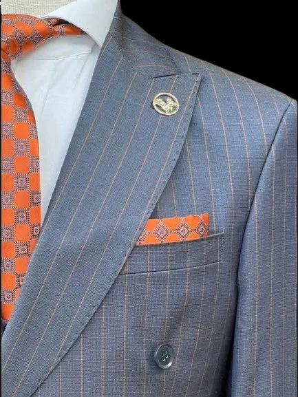 Romaster Mens Navy Blue & Brown Pinstriped Double Breasted Stretch Wool Suit