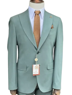Romaster Mens Slim Fit Stretch Solid Green Wool Blend 2 Piece Suit