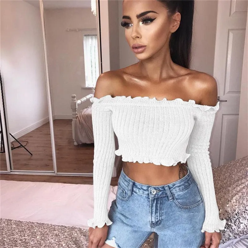 Ruffles Off Shoulder Pure Color Short Crop Top Sweater