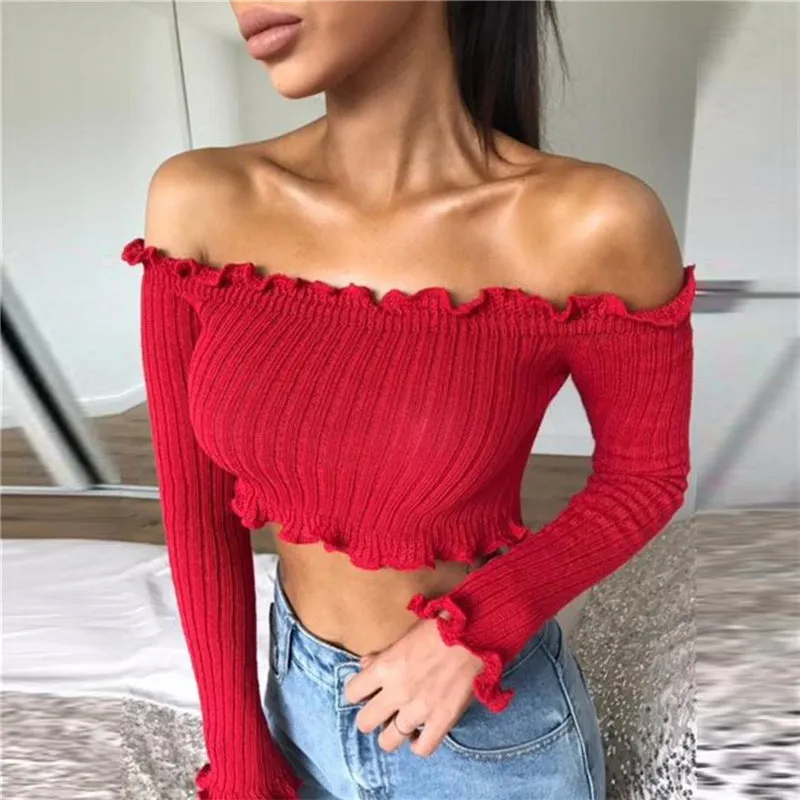 Ruffles Off Shoulder Pure Color Short Crop Top Sweater