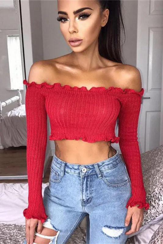 Ruffles Off Shoulder Pure Color Short Crop Top Sweater