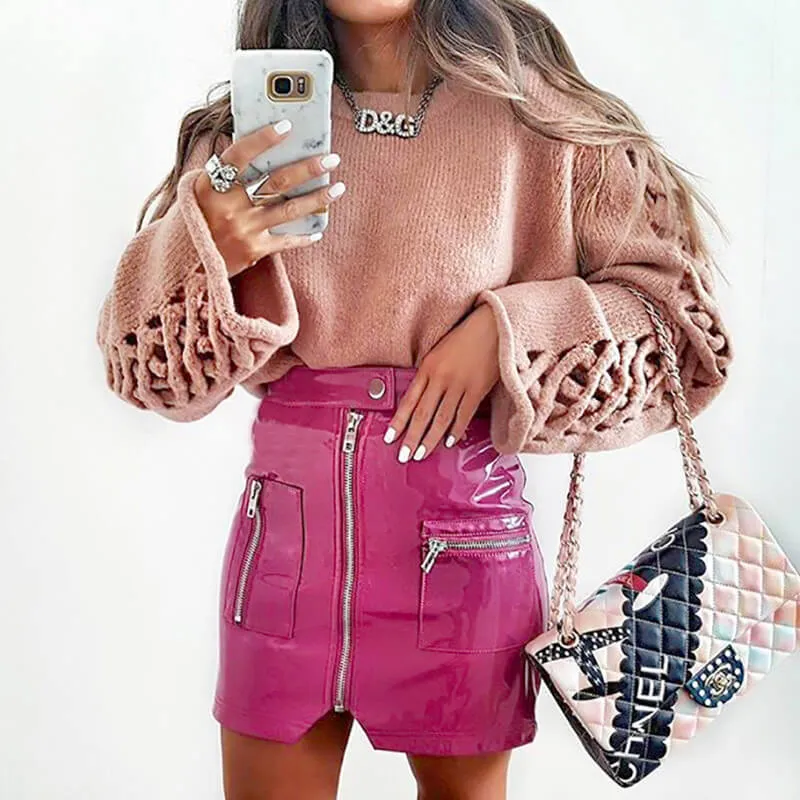 Sexy Leather Bodycon Zipper High Waist Mini Skirts