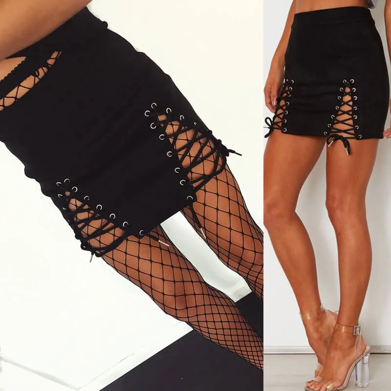 Sexy Suede High Waist Cutout Strap Mini Skirts