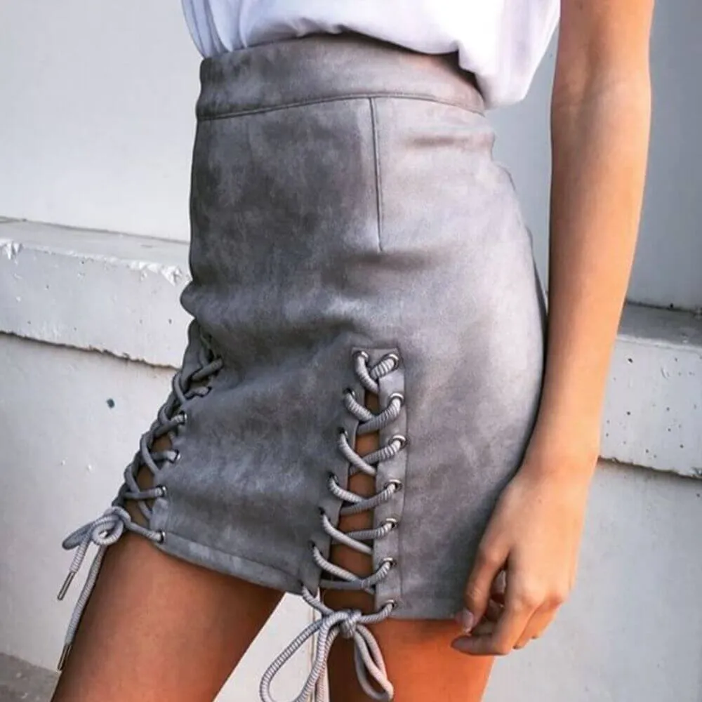 Sexy Suede High Waist Cutout Strap Mini Skirts