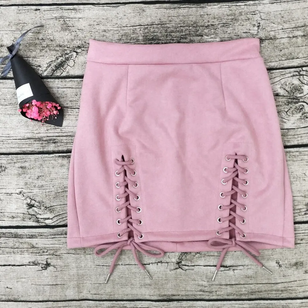 Sexy Suede High Waist Cutout Strap Mini Skirts