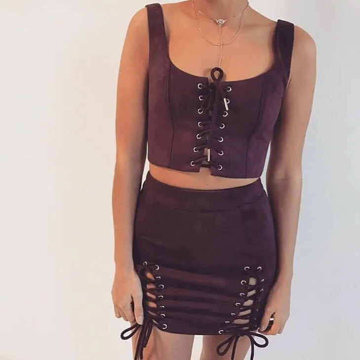 Sexy Suede High Waist Cutout Strap Mini Skirts