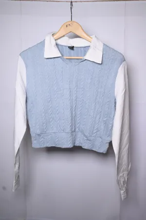 Shein Blue Sweatshirt with White Collar and Sleeves - Small