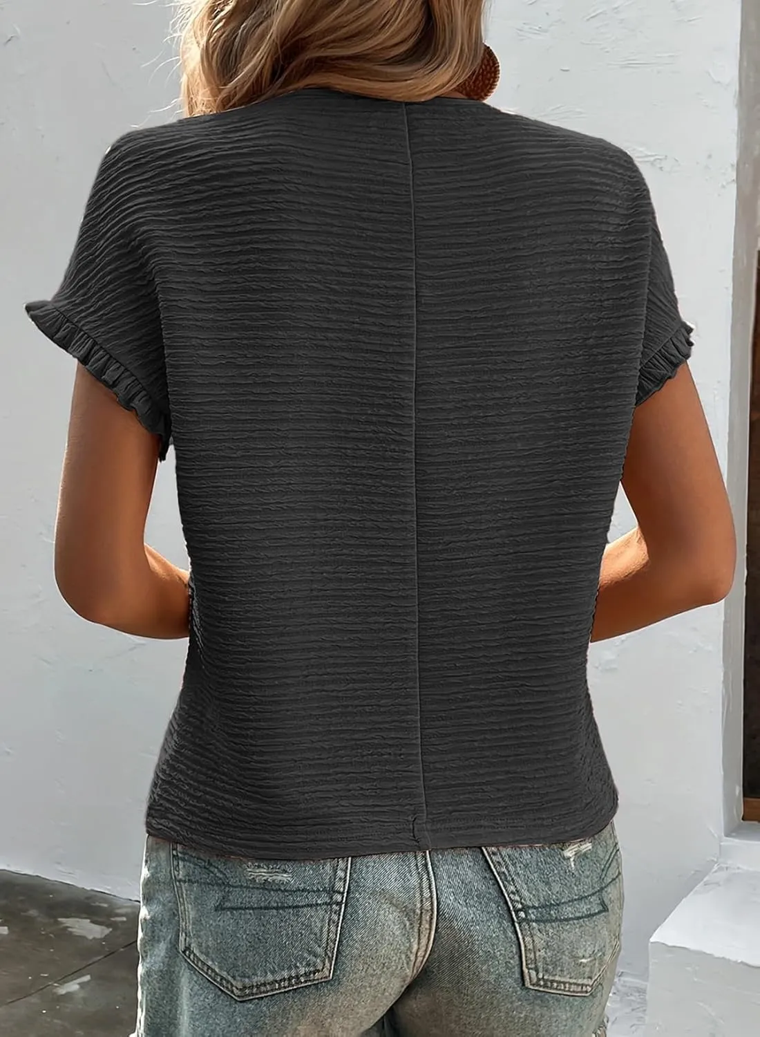 SHEWIN Womens Summer Tops Crewneck Short Sleeve T Shirts Casual Textured Work Shirt Loose Blouses