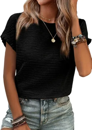 SHEWIN Womens Summer Tops Crewneck Short Sleeve T Shirts Casual Textured Work Shirt Loose Blouses