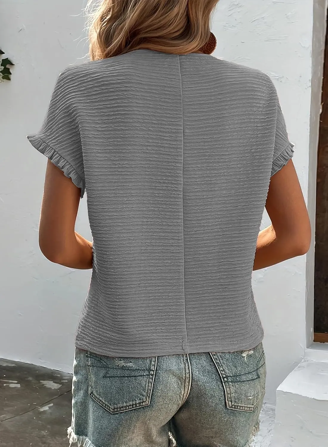 SHEWIN Womens Summer Tops Crewneck Short Sleeve T Shirts Casual Textured Work Shirt Loose Blouses
