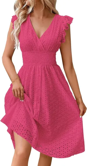 Summer Dresses for Women 2025,Women's Eyelet Embroidered Midi Solid Color Dresses Empire Waist Wrap V Neck A Line Dress