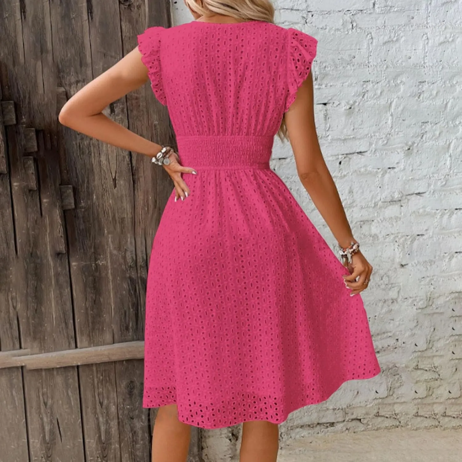 Summer Dresses for Women 2025,Women's Eyelet Embroidered Midi Solid Color Dresses Empire Waist Wrap V Neck A Line Dress