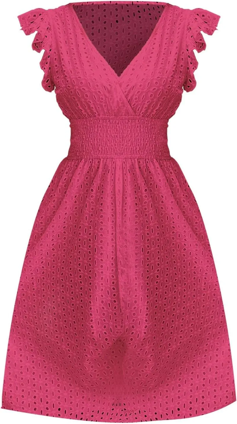 Summer Dresses for Women 2025,Women's Eyelet Embroidered Midi Solid Color Dresses Empire Waist Wrap V Neck A Line Dress