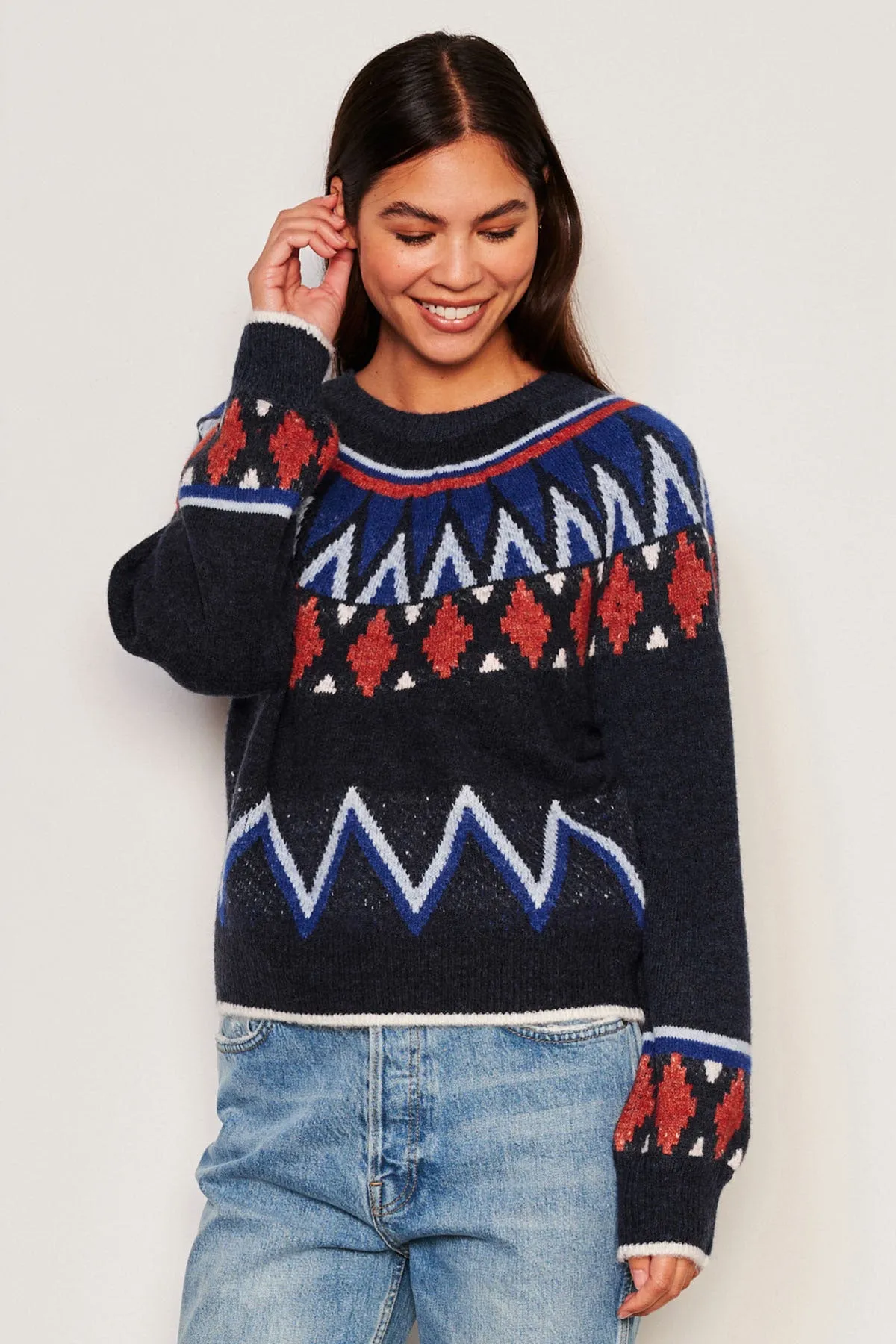 Sundry Fairisle Crew Neck Sweater in Deep Navy