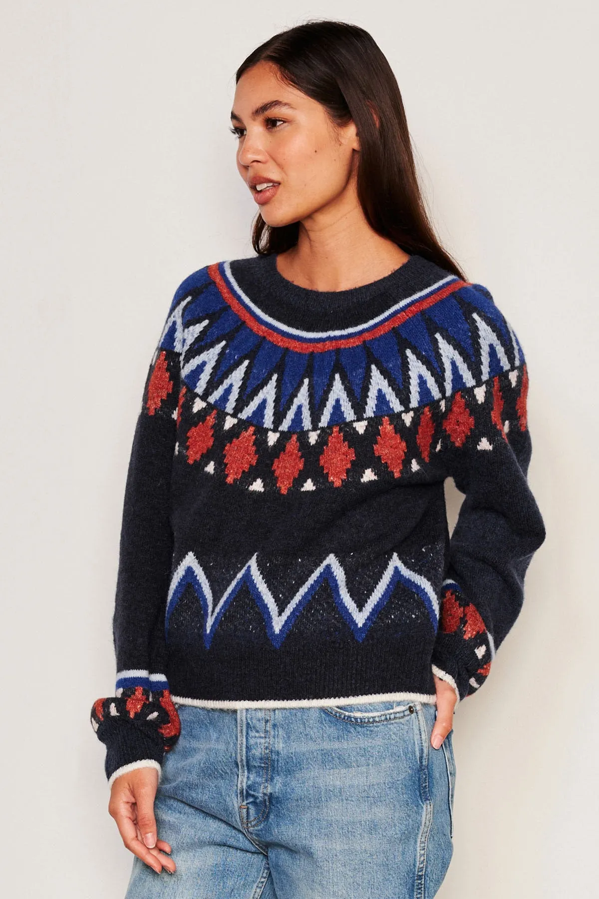 Sundry Fairisle Crew Neck Sweater in Deep Navy