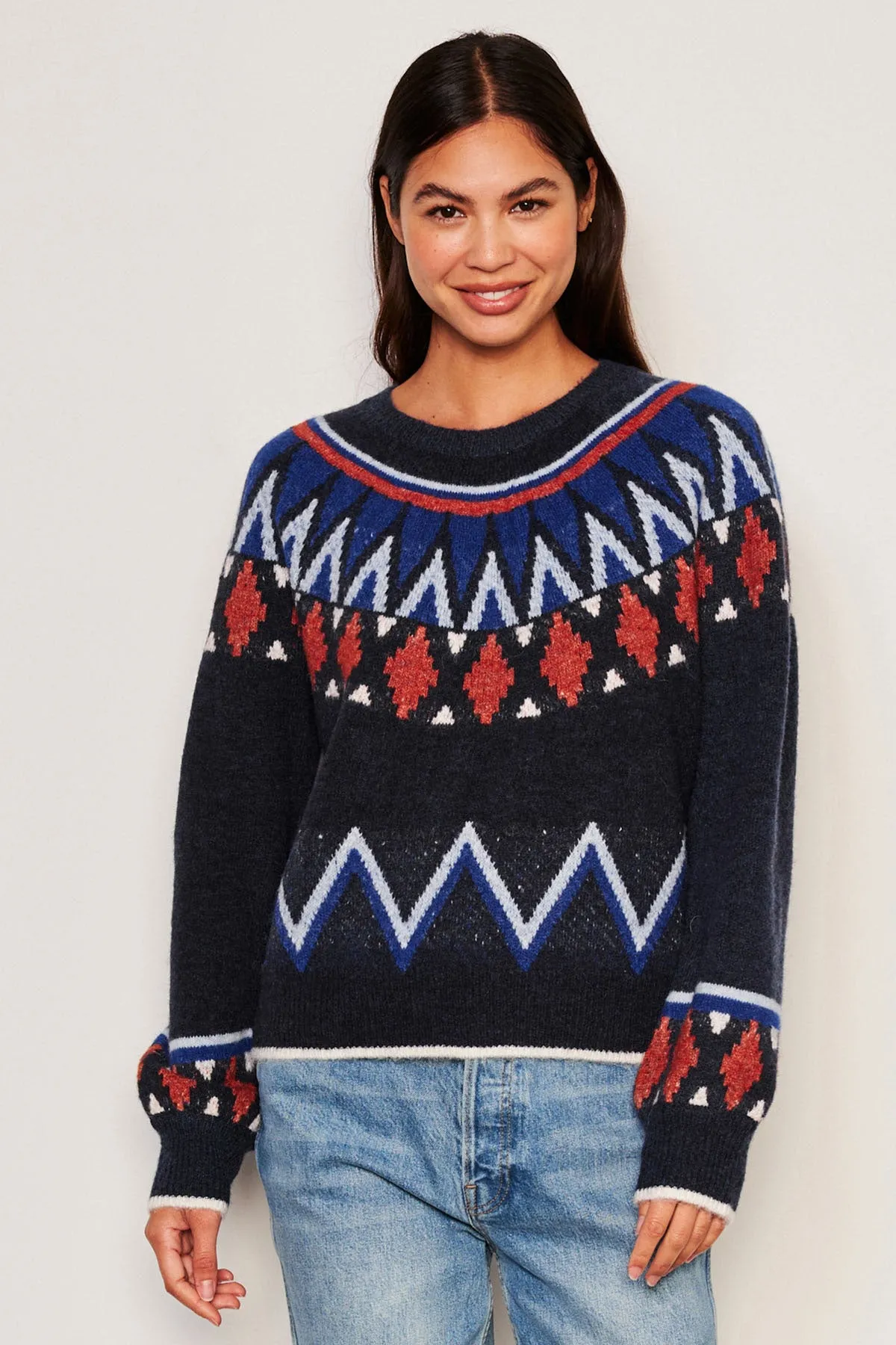 Sundry Fairisle Crew Neck Sweater in Deep Navy