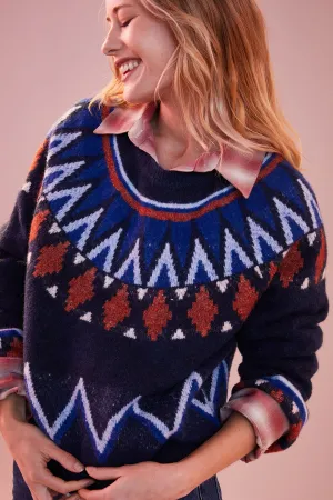 Sundry Fairisle Crew Neck Sweater in Deep Navy