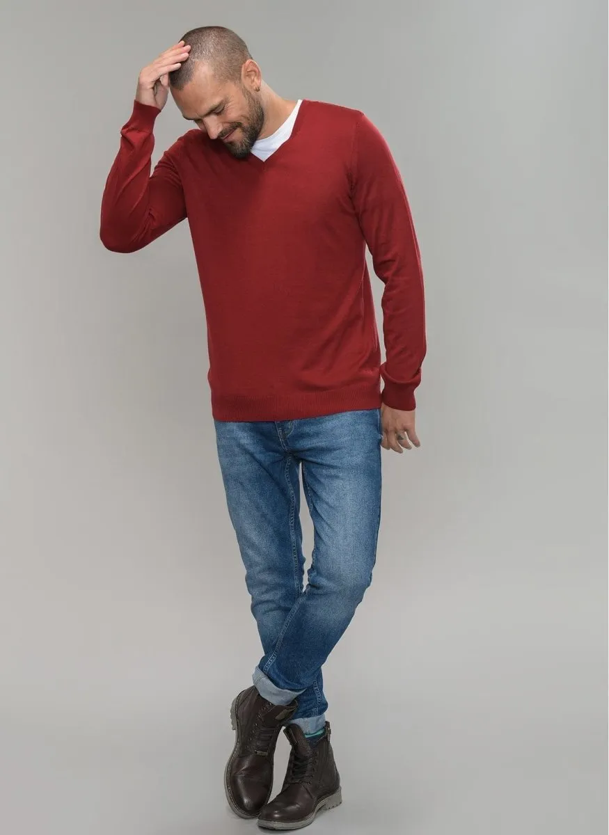 V Neck Sweater in Red