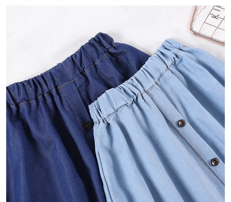 VenusFox Casual Button Solid Color Long Denim Skirt