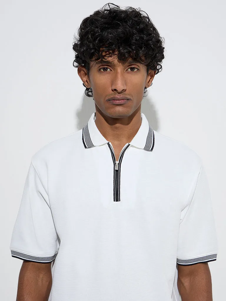 WES Casuals White Quarter Zip Polo T-Shirt