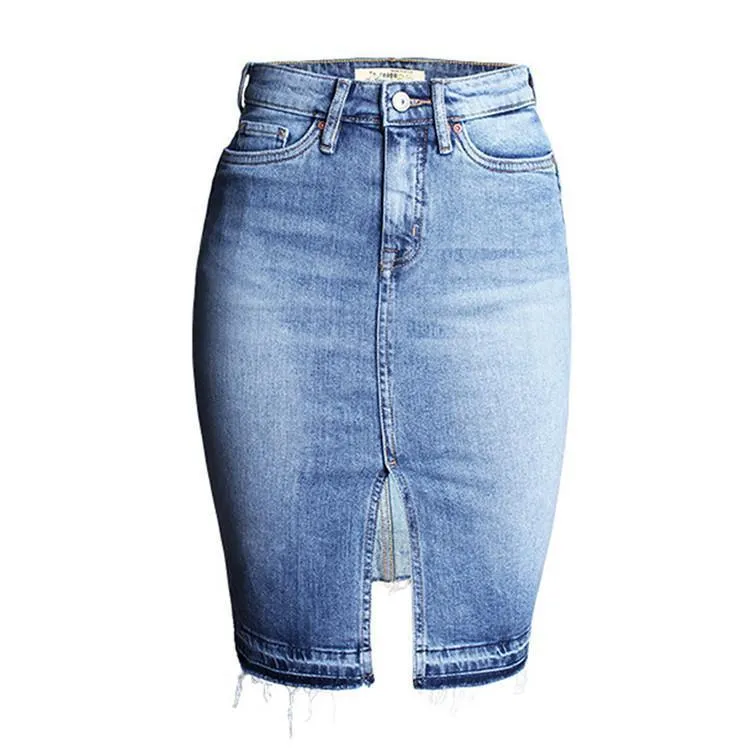 Women Jean Skirt Washed Denim Skirt High Waist