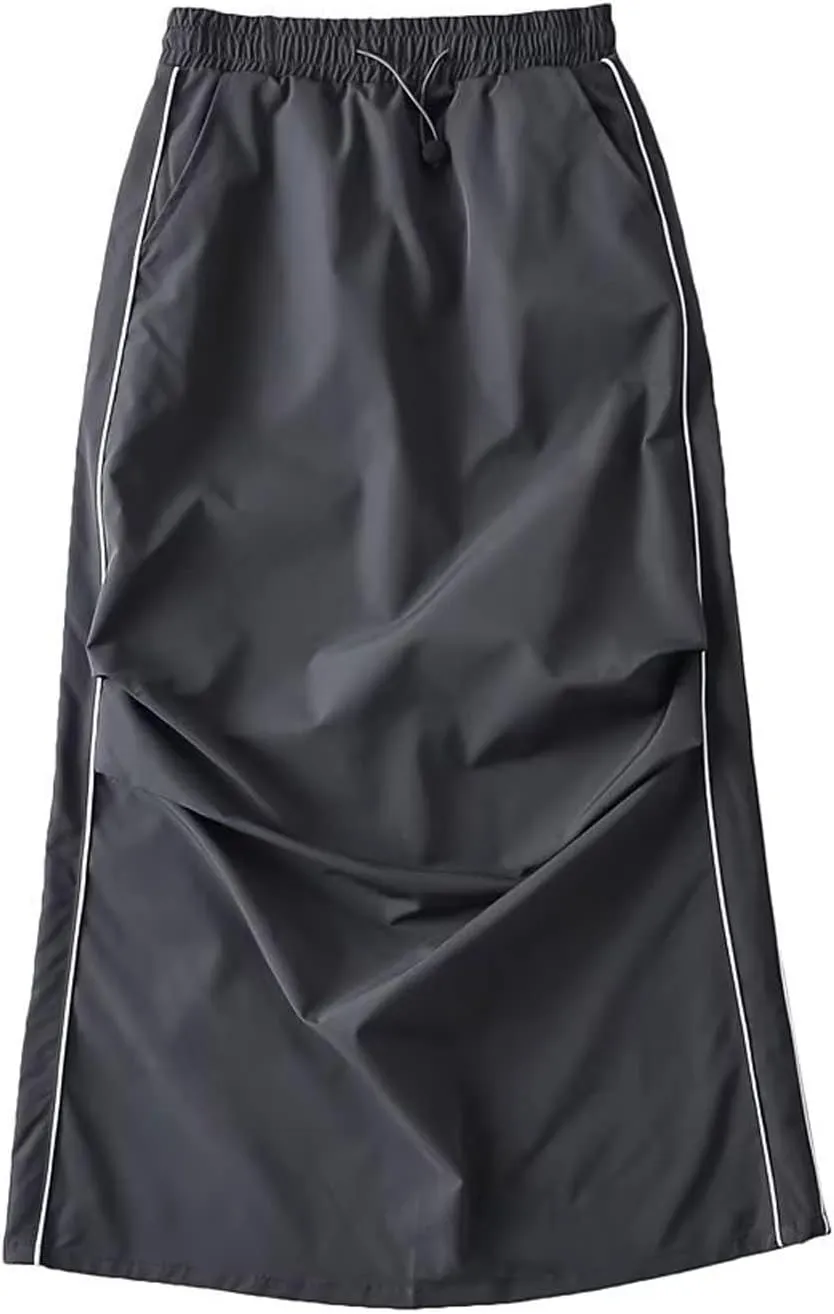 Women's Casual Drawstring Midi Skirts Summer Trendy Elastic High Waist Split Back Pencil Y2k Cargo Skirt with Pocket